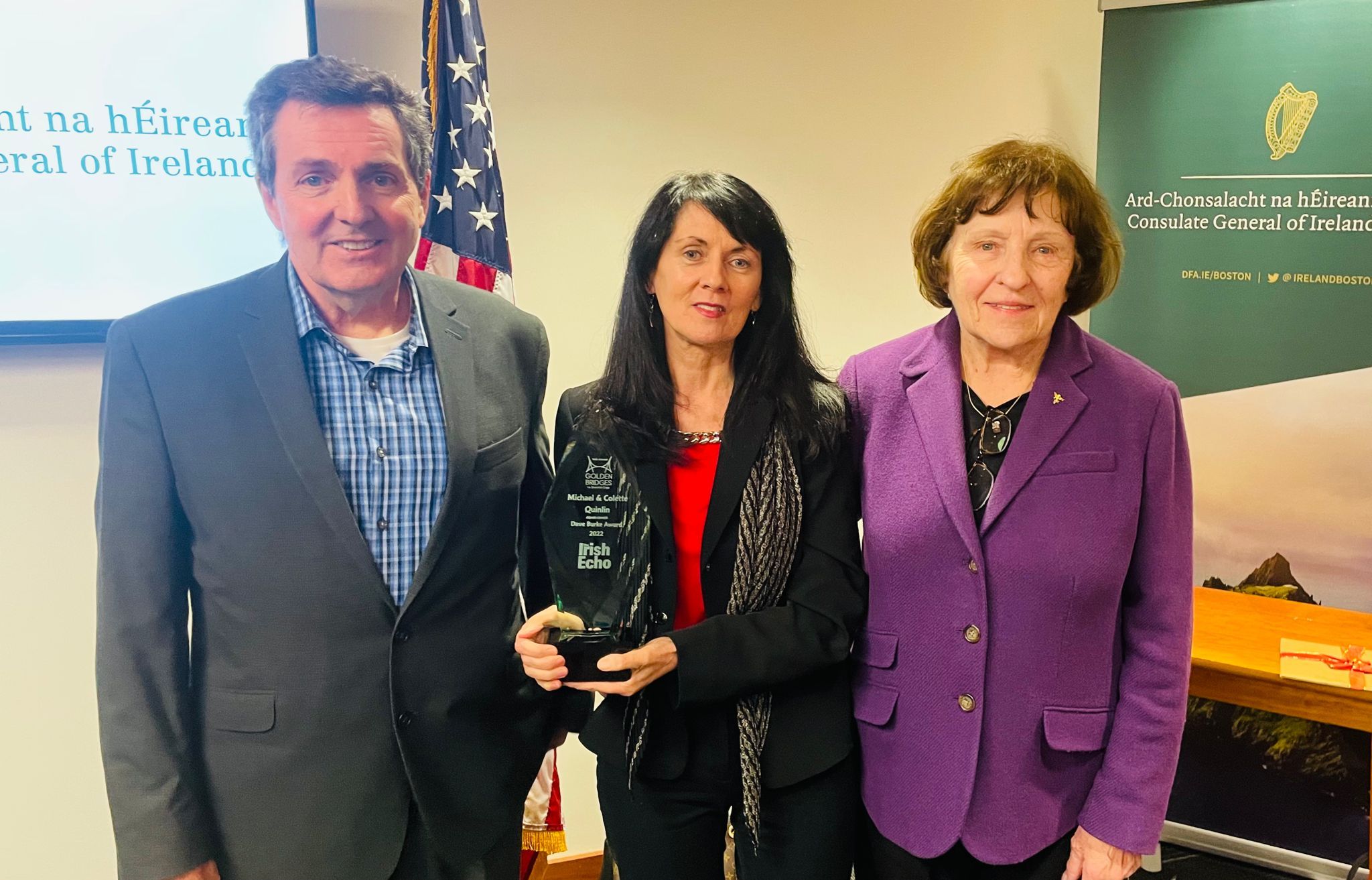 BEACONS OF BOSTON'S IRISH COMMUNITY: Mike and Collette Quinlin received the Dave Burke Memorial Award at a Golden Bridges reception in the Irish Consulate from Dave's widow Pat (right)