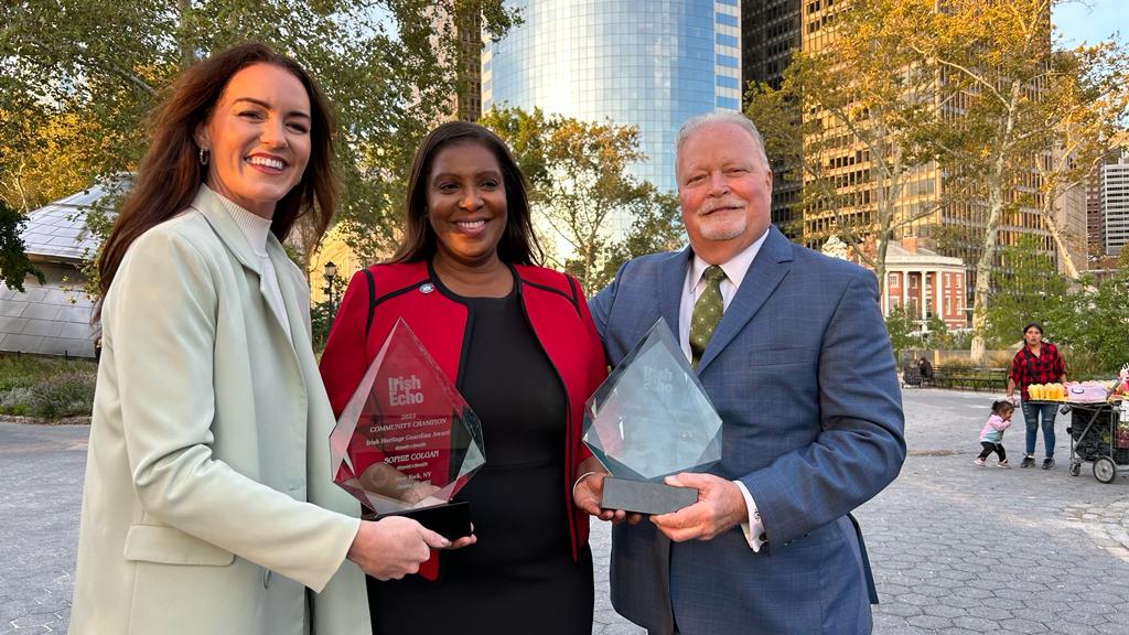 IRISH VOICE: Attorney General Letitia James (center) with Sophie Colgan and Brian McCabe, both winners of the Community Champions Irish Heritage Guardian Award. Photo by Nuala Purcell.